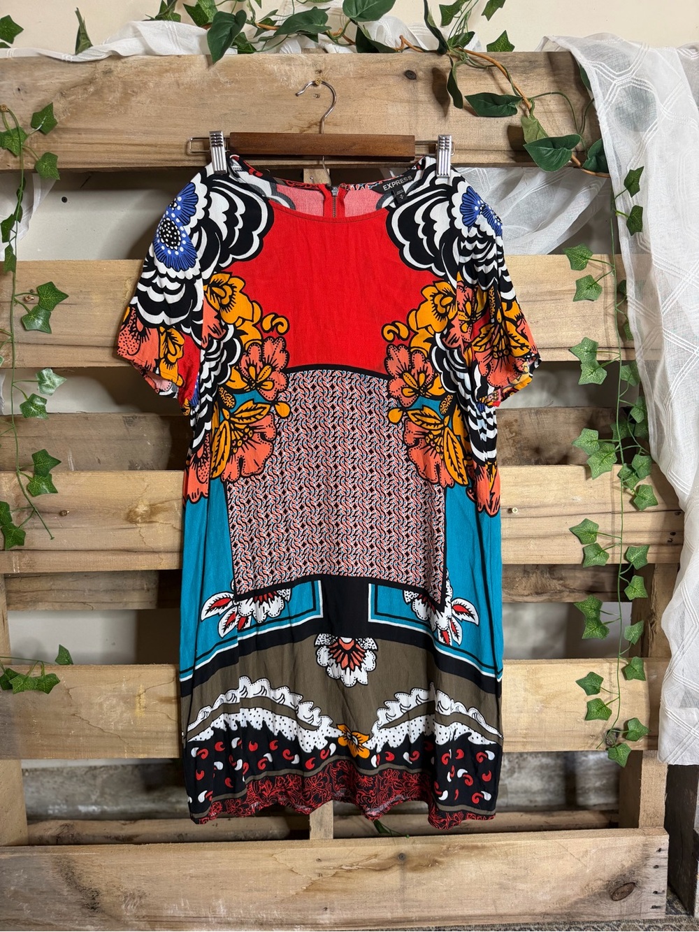 Express Red and Turquoise Floral Print Shift Dress